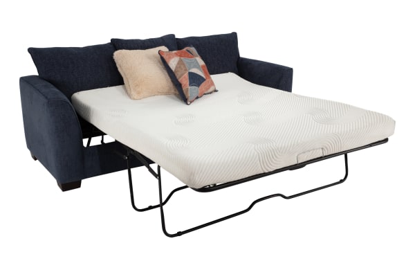Brynn Navy 91'' Transitional Sleeper Sofa with plush polyester fabric, Bob-O-Pedic gel memory foam queen mattress, and decorative accent pillows.