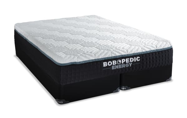Bob-O-Pedic Energy 14'' King Firm Split Standard Mattress Set with white quilted gel-grid top, black memory foam base, and charcoal accents for firm support.