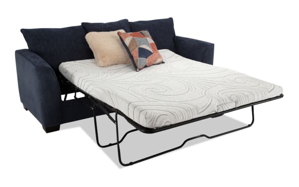 Brynn Navy 91'' transitional sleeper sofa in soft navy polyester fabric with plush cushions and queen-size cooling gel memory foam mattress.