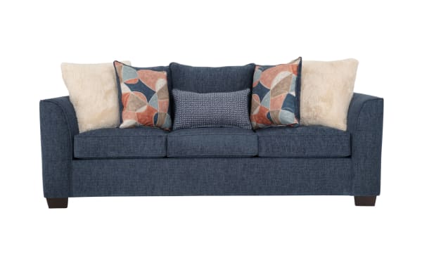 Brynn Navy 91'' transitional sleeper sofa in soft polyester fabric with plush Bob-O-Pedic memory foam cushions, decorative multi-color and cream accent pillows, and a hidden queen gel memory foam mattress.