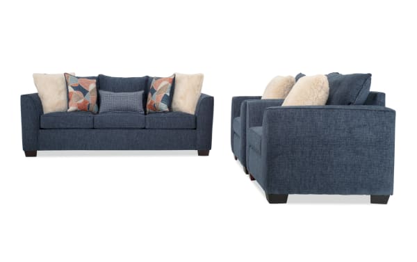 Brynn Navy 88'' transitional sleeper sofa and 2 chairs set in soft polyester fabric with Bob-O-Pedic gel memory foam mattress and colorful accent pillows.