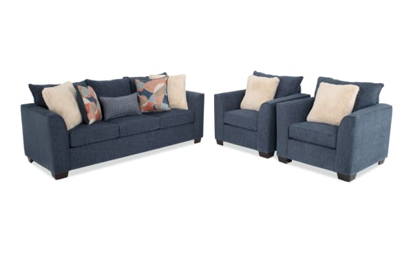 Brynn Navy 88'' transitional sleeper sofa with queen gel memory foam mattress and two matching navy polyester fabric chairs, featuring plush cushions and decorative pillows.