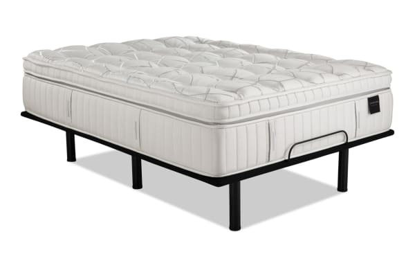 King-size Obsession 16.5'' Ultra Plush Mattress with graphite memory foam and wrapped coils on black Power Bob Ultra metal base, white quilted fabric.