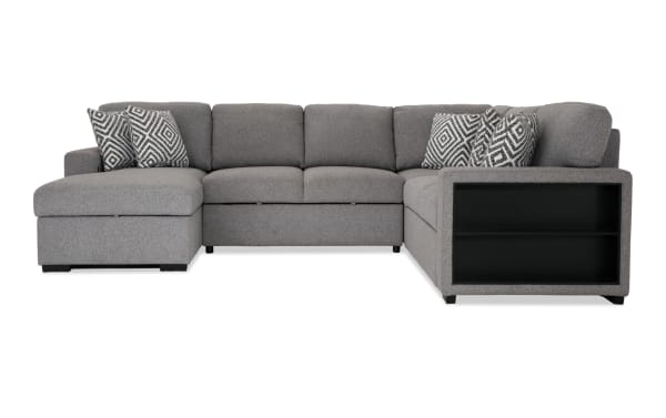 Gray Playday 119" 4-piece left arm facing chaise sectional with transitional style, polyester fabric, built-in bookshelf, pop-up sleeper, USB and USB-C ports.
