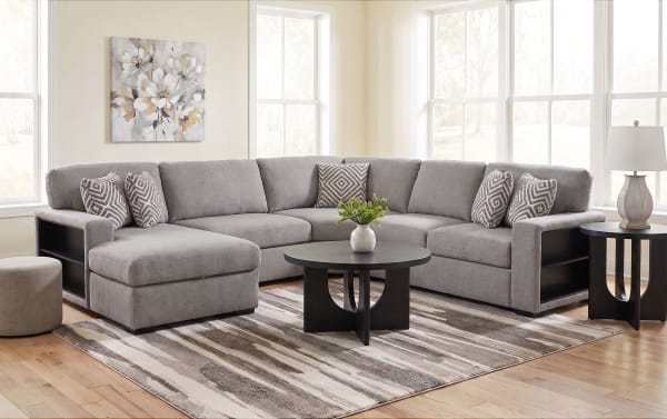Playday Gray 119" 4-piece left arm chaise sectional with gray polyester fabric, transitional style, built-in bookshelf, storage chaise, pop-up sleeper, USB and USB-C ports, drop-down table with cupholders, and Bob-O-Pedic® Memory Foam cushions.