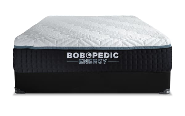 Bob-O-Pedic Energy 14'' Queen Plush Standard Mattress Set with white quilted top, black and dark gray sides, gel-grid memory foam, and charcoal-infused cooling layers.