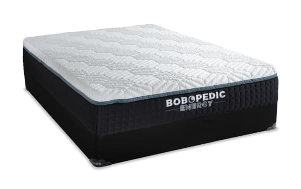 Energy 14'' Queen Plush Standard Mattress Set from Bob-O-Pedic Energy collection, featuring white quilted top, black sides, gel-grid memory foam with charcoal for pressure relief and temperature control, includes mattress foundation for plush comfort and support.