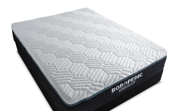 Bob-O-Pedic Energy 14'' Queen Plush Standard Mattress Set with white quilted gel-grid top, black base, and plush memory foam for pressure relief and temperature control.