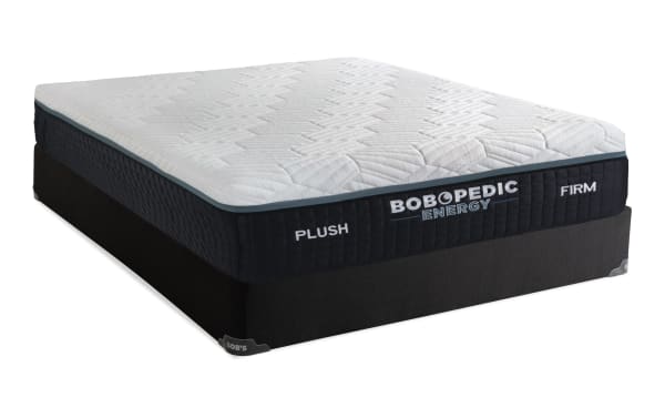 Energy 14'' Queen Dual Standard Mattress Set from Bob-O-Pedic Energy collection, featuring plush and firm sides, gel-grid memory foam with charcoal for pressure relief and cooling, shown with black adjustable base.