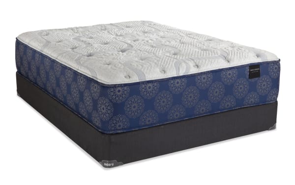 Indulgence 15'' Twin XL Plush Standard Mattress Set with gel-infused foam, graphite Talalay latex, plush quilt foam, and coil base in blue floral pattern.