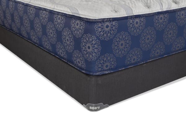 Indulgence 15'' Twin XL Plush Standard Mattress Set with blue floral-patterned gel-infused foam mattress and dark gray foam-encased coil base, from Indulgence collection, featuring plush quilt foam, memory foam for pressure relief, and motion isolation.