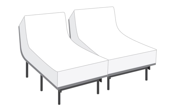 Power Bob Essential Base with Indulgence 15'' Split King Plush Mattress set in white with adjustable head base, black metal legs, and wired remote control.