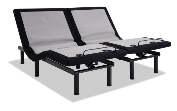 Power Bob Elite Base with Indulgence 15'' Split King Plush Mattress featuring adjustable black metal base, wireless remote, USB ports, and plush gray memory foam layers.