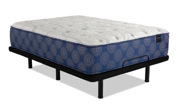 Power Bob Ultra Base with Indulgence 15" Twin XL Plush Mattress featuring blue patterned sides, white quilted top, adjustable base with black frame, and USB ports.
