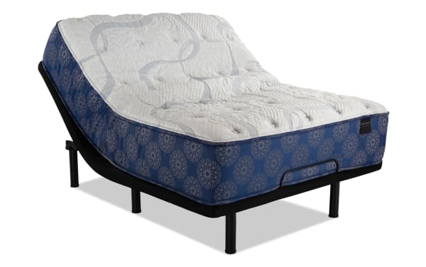 Power Bob Ultra Base with Indulgence 15'' Queen Plush Mattress in blue and white, featuring adjustable base with massage, USB ports, and quilted plush top.
