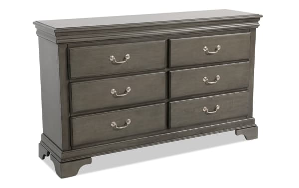 Middleton Gray 6 Drawer Dresser in classic gray MDF with transitional style, featuring six spacious drawers and decorative silver handles from Middleton Bedroom collection.