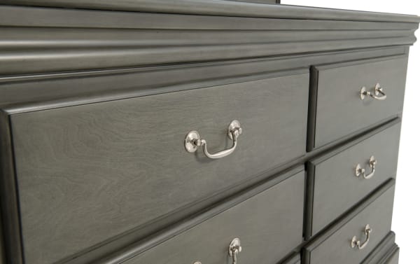 Middleton Gray 6 Drawer Dresser in transitional style with classic gray MDF finish, featuring silver metal handles and ample bedroom storage.