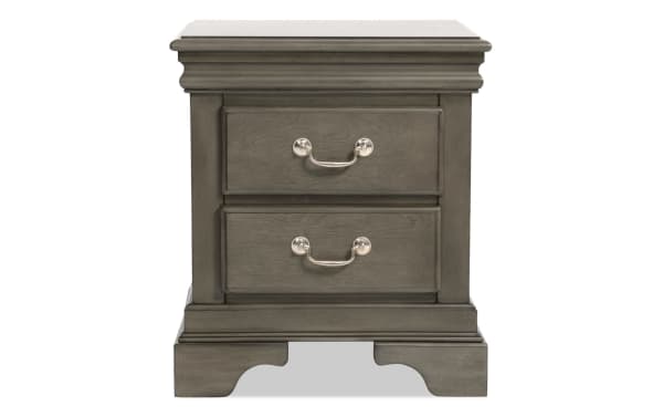Middleton Gray 2 Drawer Nightstand in classic gray MDF with transitional style, featuring two silver-handle drawers for bedroom storage.