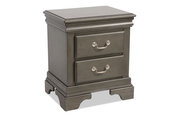 Middleton Gray 2 Drawer Nightstand in transitional style with classic gray MDF finish, featuring two metal-handle drawers and decorative molding.