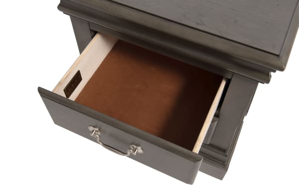 Middleton Gray 2 Drawer Nightstand from Middleton Bedroom collection, transitional style MDF wood with classic gray finish and suede-lined drawer interior.