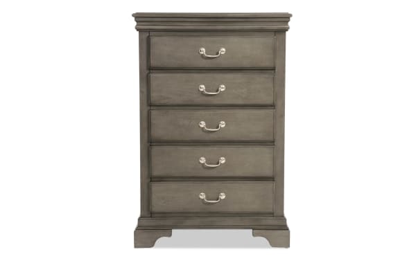 Middleton Gray 5 Drawer Chest in classic gray MDF with transitional style, featuring silver handles and ample bedroom storage from Middleton Bedroom collection.