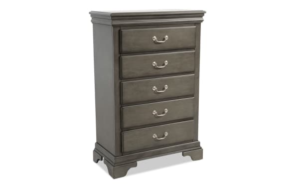 Middleton Gray 5 Drawer Chest in classic gray MDF with transitional style, featuring silver handles and decorative molding, from Middleton Bedroom collection.