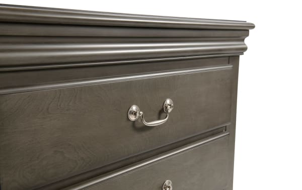 Middleton Gray 5 Drawer Chest in classic gray MDF with transitional style, featuring detailed molding and silver-tone drawer handles for bedroom storage.
