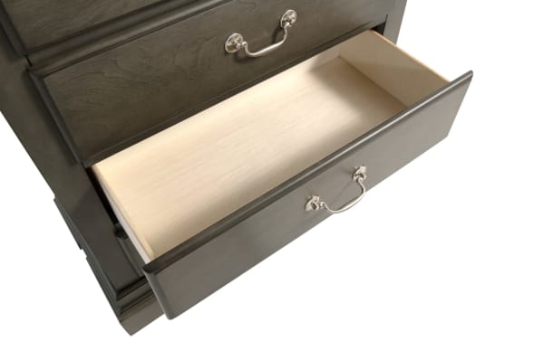 Middleton Gray 5 Drawer Chest from Middleton Bedroom collection, transitional style MDF wood with classic gray finish and silver handles, open drawer showing light wood interior.