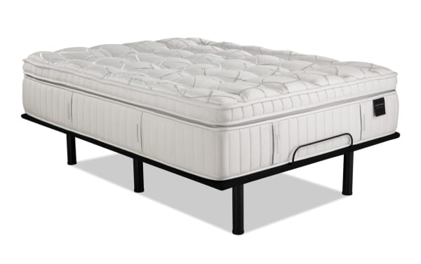 Power Bob Essential Base with Obsession 16.5'' Twin XL Ultra Plush Mattress in white, featuring quilted top, plush layers, graphite memory foam, and wrapped coil system.