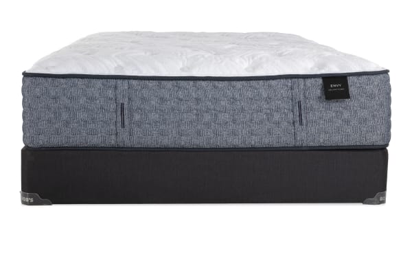 Envy 16'' Full Firm Standard Mattress Set with hand-tufted white Tencel knit cover, blue hybrid comfort layers, and black foundation by Bob's.