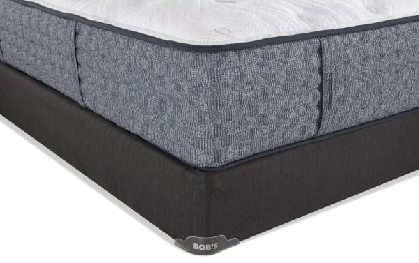 Envy 16'' Full Firm Standard Mattress Set with hand-tufted Tencel knit cover, blue-gray hybrid comfort layers, and dark gray foundation base by Bob's.