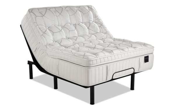 Power Bob Essential Base with Obsession 16.5'' Queen Ultra Plush Mattress in white, featuring tufted plush top, individually wrapped coils, graphite memory foam, and black adjustable base.
