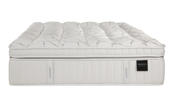 Power Bob Essential Base with Obsession 16.5'' Queen Ultra Plush Mattress in white, featuring quilted top, plush cushioning, and Obsession brand label.