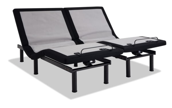 Power Bob Elite Base with Obsession 16.5'' Split King Ultra Plush Mattress featuring adjustable black metal frame and gray plush memory foam surface with coil system.