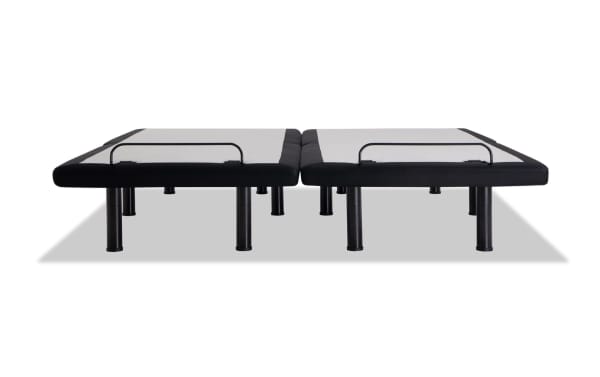 Power Bob Elite Base with Obsession 16.5" Split King Ultra Plush Mattress set, black metal frame with white mattress surface, adjustable bed base with coil and memory foam layers for pressure relief and motion isolation.