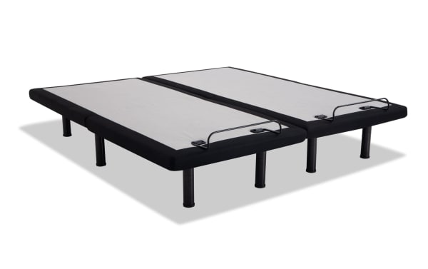 Power Bob Elite Base with Obsession 16.5'' Split King Ultra Plush Mattress foundation in black and gray, featuring sturdy metal legs and dual split design for adjustable support.