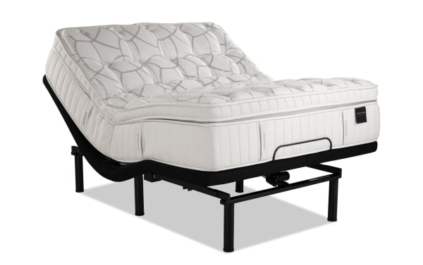 Power Bob Ultra Base with Obsession 16.5'' Queen Ultra Plush Mattress featuring white quilted plush top, individually wrapped coils, graphite memory foam, and adjustable black metal base.