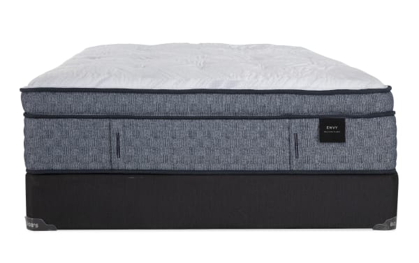 Envy 16'' King Ultra Plush Split Standard Mattress Set with hand-tufted Tencel knit cover, blue-gray hybrid comfort layers, and black foundation from Bob's.