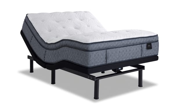 Power Bob Elite Base with Envy 16'' Queen Ultra Plush Mattress in gray and white, featuring hand-tufted Tencel knit cover, adjustable base with wireless remote, USB ports, and under-bed lighting.