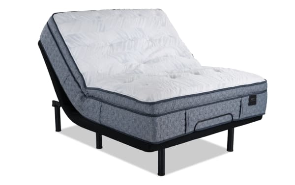 Power Bob Elite Base with Envy 16'' Queen Ultra Plush Mattress in gray and white, featuring hand-tufted Tencel knit cover, adjustable base with wireless remote, USB ports, and under-bed lighting from Envy collection.
