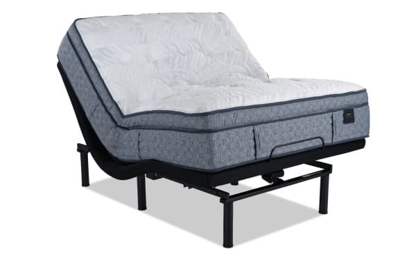 Power Bob Elite Base with Envy 16'' Queen Ultra Plush Mattress, adjustable hybrid mattress with hand-tufted Tencel knit cover, gray sides, white top, and black metal base with wireless remote, USB ports, and under-bed lighting.
