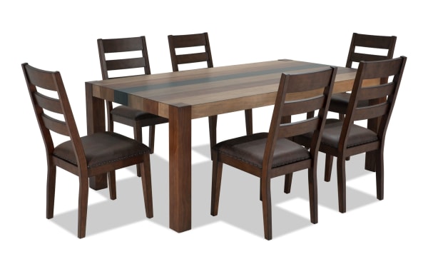 Canyon 7 Piece Brown Faux Leather Dining Set with rustic multi-tone MDF wood table and brown faux leather cushioned chairs from Canyon Dining collection.