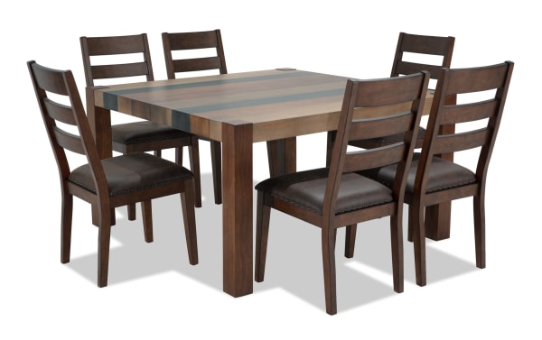 Canyon 7 Piece Brown Faux Leather Square Dining Set with rustic multi-tone MDF wood table and cushioned faux leather chairs, Canyon Dining collection.