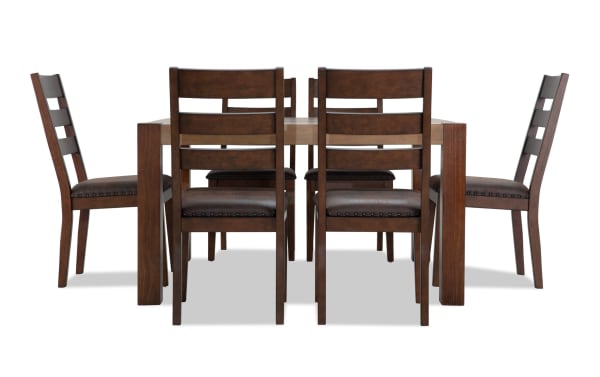 Canyon 7 Piece Brown Faux Leather Square Dining Set with rustic multi-tone MDF table and cushioned faux leather chairs, Canyon Dining collection.