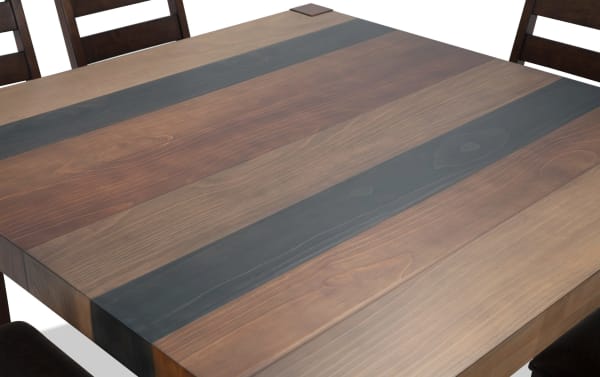 Rustic Canyon 7 Piece Brown Faux Leather Square Dining Set with multi-tone MDF wood table and brown faux leather upholstered chairs.