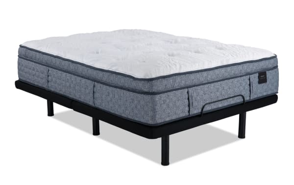Power Bob Ultra Base with Envy 16'' Twin XL Ultra Plush Mattress featuring hand-tufted white Tencel knit cover, gray hybrid plush layers, adjustable black metal base with massage, USB ports, and under-bed lighting.