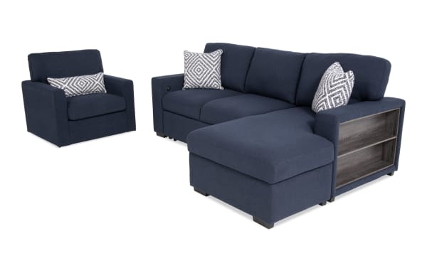 Playday Navy 93'' 3-piece transitional sectional with right arm facing pop-up sleeper chaise, built-in bookshelf, USB & USB-C ports, and swivel chair. Upholstered in navy polyester fabric with memory foam cushions and accent pillows.
