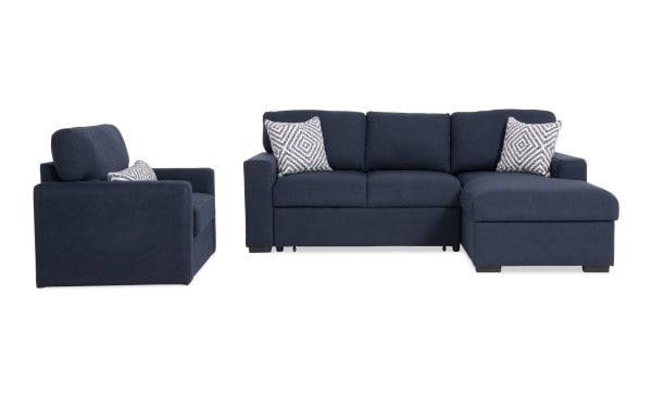 Playday Navy 93'' 3-piece transitional sectional with right-arm chaise, pop-up sleeper, USB/USB-C ports, swivel chair, and polyester fabric upholstery.