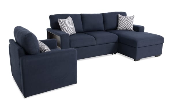 Playday Navy 93'' 3-piece transitional sectional with right-arm chaise, pop-up sleeper, USB/USB-C ports, swivel chair, and polyester fabric upholstery.
