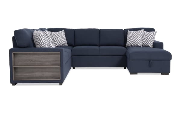 Playday Navy 119'' 4-piece right arm facing transitional sectional with navy polyester fabric, pop-up sleeper chaise, built-in bookshelf, USB/USB-C ports, memory foam cushions, storage chaise, accent pillows, and drop-down table with cupholders.
